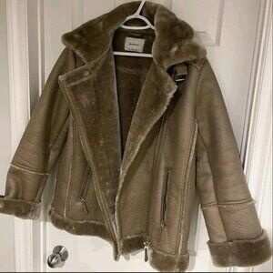 Stradivarius long aviator faux leather jacket in beige large UK14 US10